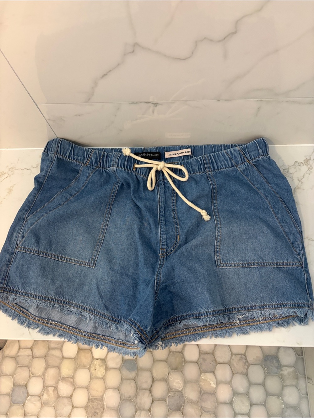 BCBG Light Blue Drawstring Denim Shorts